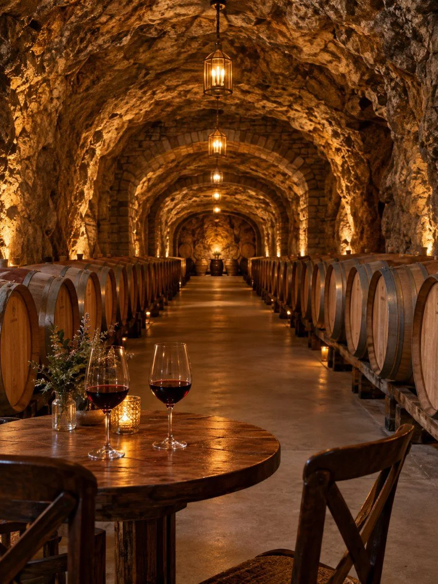 A hand-dug wine cave lined with oak barrels and a small table set with two glasses of red wine