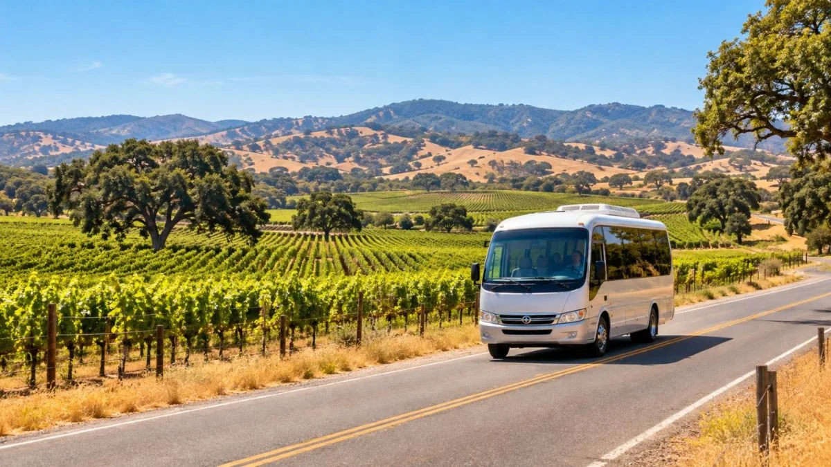 A small tour minibus driving a country road through rolling vineyards in the Carneros area